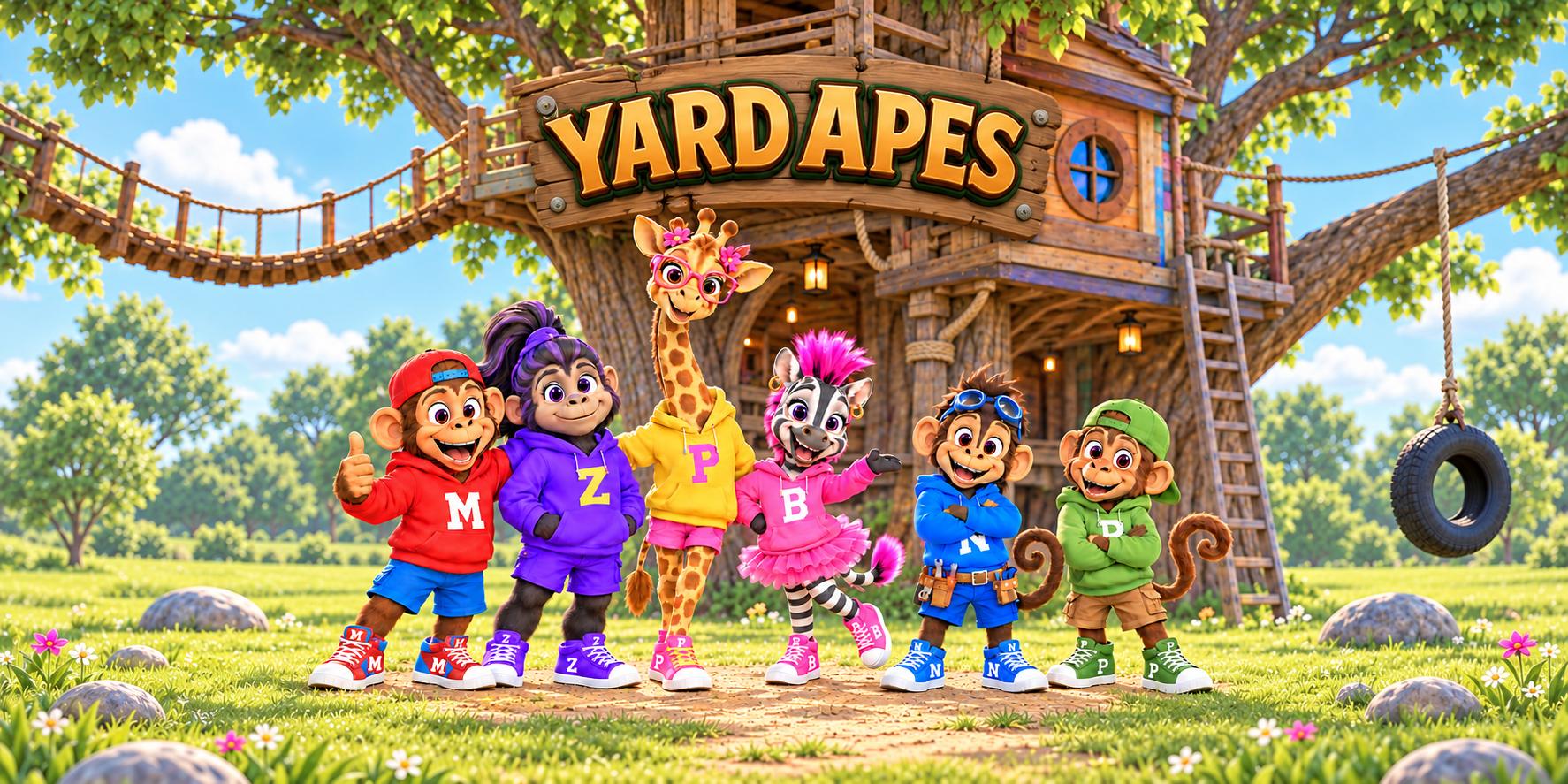 The Original Six together in front of their treehouse beneath the Yard Apes sign